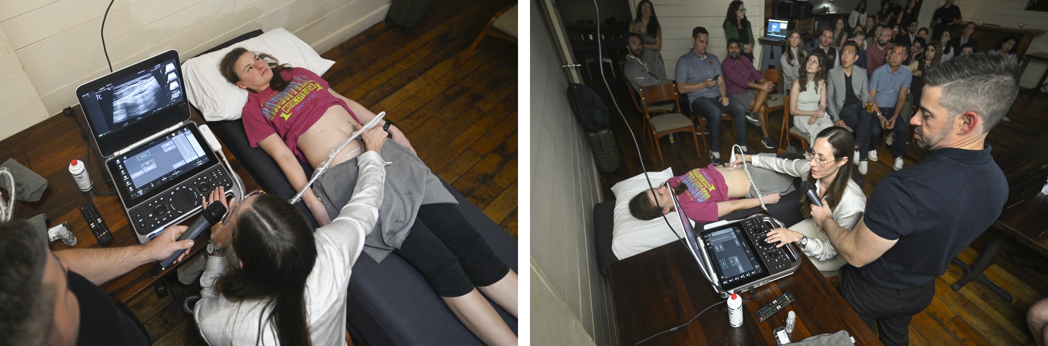 Probe placement, image interpretation, and questions come together during the live demonstration.